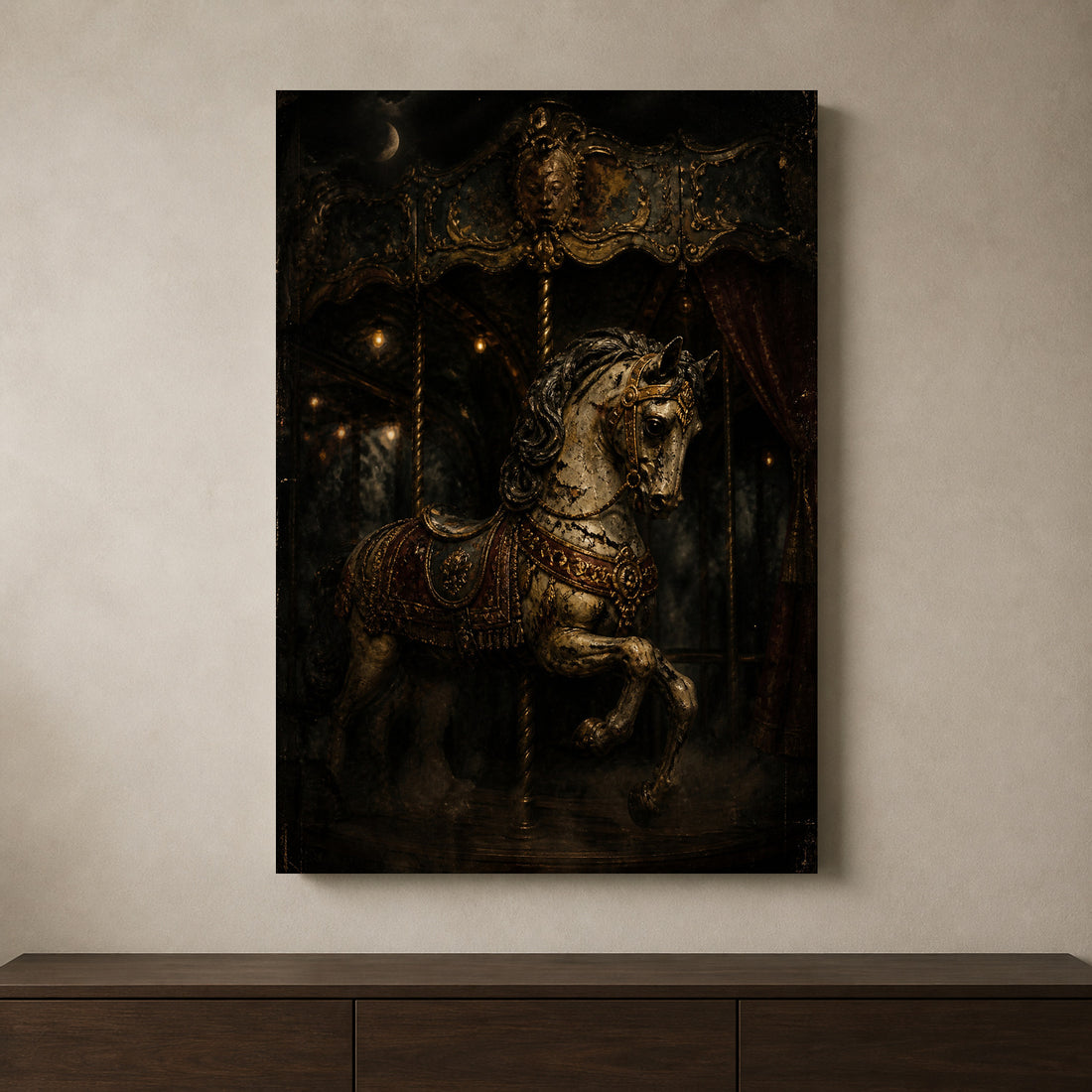Carousel at Midnight canvas shown in a styled interior.