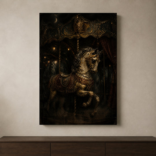 Carousel at Midnight canvas shown in a styled interior.