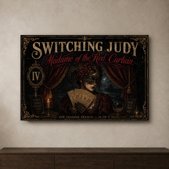 Madame of the Red Curtain landscape canvas depicting a masked woman holding theatre tickets, shown on a neutral wall above a wooden console.