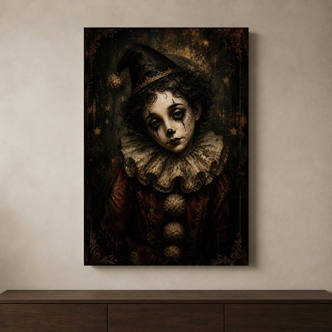 Pierrot's Smile canvas shown in a styled interior.