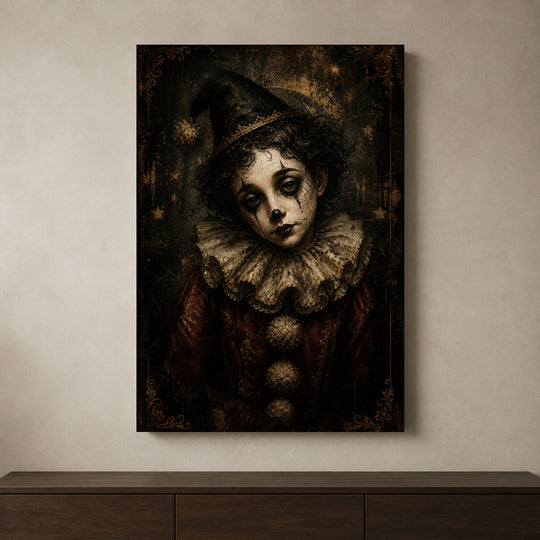 Pierrot's Smile canvas shown in a styled interior.