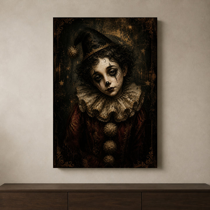Pierrot's Smile canvas shown in a styled interior.