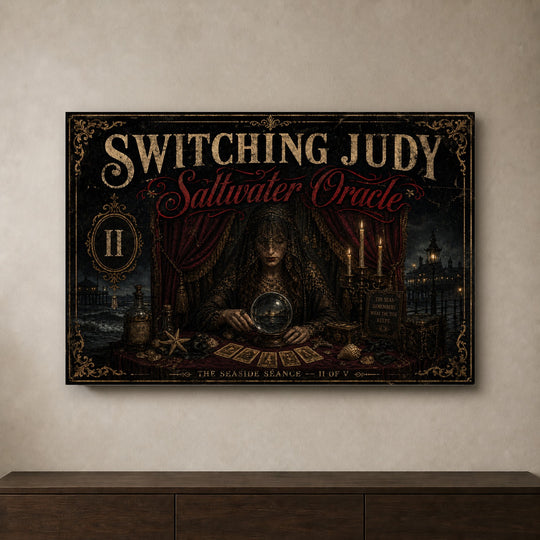 Saltwater Oracle landscape canvas depicting a veiled oracle with a crystal sphere, shown on a neutral wall above a wooden console.