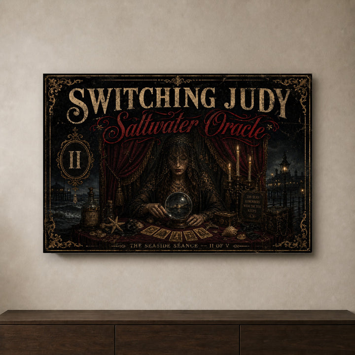 Saltwater Oracle landscape canvas depicting a veiled oracle with a crystal sphere, shown on a neutral wall above a wooden console.