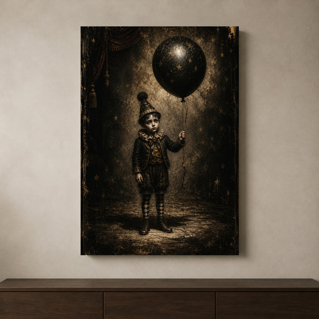 The Balloon Boy canvas shown in a styled interior.