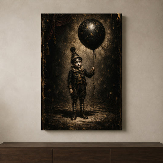 The Balloon Boy canvas shown in a styled interior.