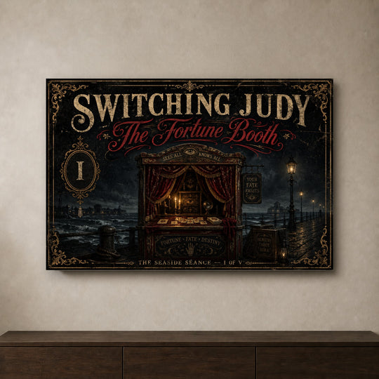 The Fortune Booth landscape canvas depicting a candlelit seaside fortune booth, shown on a neutral wall above a wooden console.