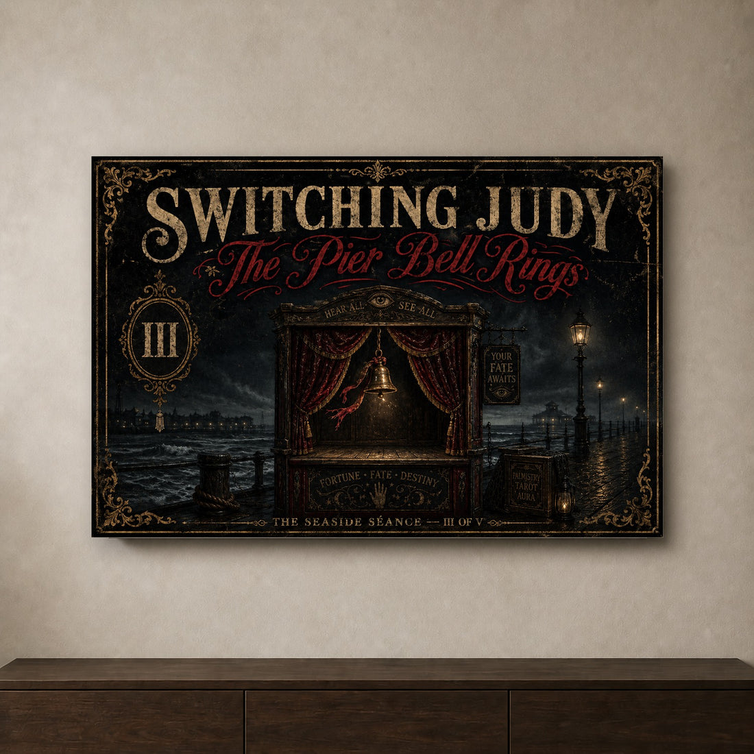 The Pier Bell Rings landscape canvas depicting a brass bell in an empty seaside booth, shown on a neutral wall above a wooden console.