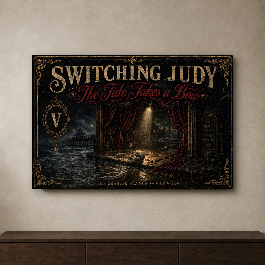 The Tide Takes a Bow landscape canvas depicting an empty seaside stage and discarded mask, shown on a neutral wall above a wooden console.