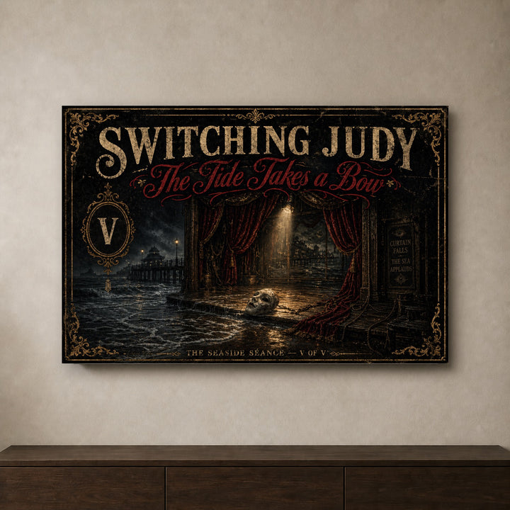 The Tide Takes a Bow landscape canvas depicting an empty seaside stage and discarded mask, shown on a neutral wall above a wooden console.