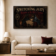 Madame of the Red Curtain landscape canvas depicting a masked woman holding theatre tickets, shown in a light lounge above a cream sofa.