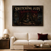 Saltwater Oracle landscape canvas depicting a veiled oracle with a crystal sphere, shown in a light lounge above a cream sofa.