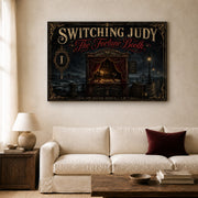 The Fortune Booth landscape canvas depicting a candlelit seaside fortune booth, shown in a light lounge above a cream sofa.