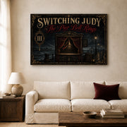 The Pier Bell Rings landscape canvas depicting a brass bell in an empty seaside booth, shown in a light lounge above a cream sofa.