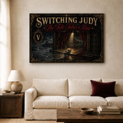 The Tide Takes a Bow landscape canvas depicting an empty seaside stage and discarded mask, shown in a light lounge above a cream sofa.