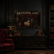 Madame of the Red Curtain landscape canvas depicting a masked woman holding theatre tickets, shown in a dark study above a wooden sideboard.