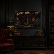 Saltwater Oracle landscape canvas depicting a veiled oracle with a crystal sphere, shown in a dark study above a wooden sideboard.