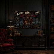 The Fortune Booth landscape canvas depicting a candlelit seaside fortune booth, shown in a dark study above a wooden sideboard.