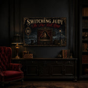 The Pier Bell Rings landscape canvas depicting a brass bell in an empty seaside booth, shown in a dark study above a wooden sideboard.