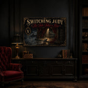 The Tide Takes a Bow landscape canvas depicting an empty seaside stage and discarded mask, shown in a dark study above a wooden sideboard.