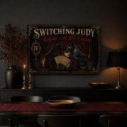 Madame of the Red Curtain landscape canvas depicting a masked woman holding theatre tickets, shown in a charcoal dining room.