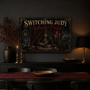 Saltwater Oracle landscape canvas depicting a veiled oracle with a crystal sphere, shown in a charcoal dining room.