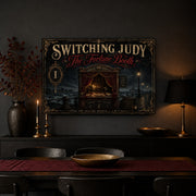 The Fortune Booth landscape canvas depicting a candlelit seaside fortune booth, shown in a charcoal dining room.