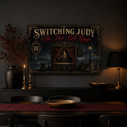 The Pier Bell Rings landscape canvas depicting a brass bell in an empty seaside booth, shown in a charcoal dining room.
