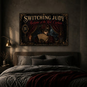 Madame of the Red Curtain landscape canvas depicting a masked woman holding theatre tickets, shown in a moody bedroom above a bed.