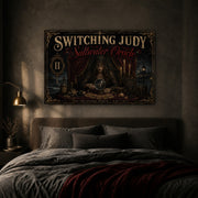 Saltwater Oracle landscape canvas depicting a veiled oracle with a crystal sphere, shown in a moody bedroom above a bed.