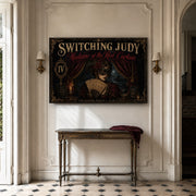 Madame of the Red Curtain landscape canvas depicting a masked woman holding theatre tickets, shown in a light hallway above a console table.