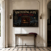 The Fortune Booth landscape canvas depicting a candlelit seaside fortune booth, shown in a light hallway above a console table.