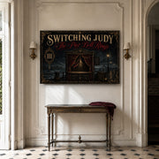 The Pier Bell Rings landscape canvas depicting a brass bell in an empty seaside booth, shown in a light hallway above a console table.