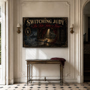 The Tide Takes a Bow landscape canvas depicting an empty seaside stage and discarded mask, shown in a light hallway above a console table.