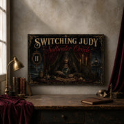 Saltwater Oracle landscape canvas depicting a veiled oracle with a crystal sphere, shown in a creative studio above a worktable.