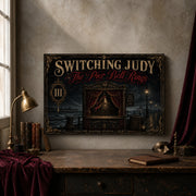 The Pier Bell Rings landscape canvas depicting a brass bell in an empty seaside booth, shown in a creative studio above a worktable.