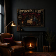 Madame of the Red Curtain landscape canvas depicting a masked woman holding theatre tickets, shown in a dark reading nook above a fireplace.
