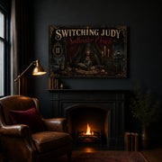 Saltwater Oracle landscape canvas depicting a veiled oracle with a crystal sphere, shown in a dark reading nook above a fireplace.