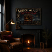 The Fortune Booth landscape canvas depicting a candlelit seaside fortune booth, shown in a dark reading nook above a fireplace.