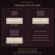 Switching Judy landscape canvas size guide: 24 × 16, 30 × 20 and 36 × 24 inches compared with a 180 cm wide sofa.