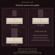 Switching Judy portrait canvas size guide: 16 × 24, 20 × 30 and 24 × 36 inches compared with a 180 cm wide sofa.